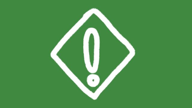 Exclamation mark alert rhombus hand-drawn cartoon graphic with chalk outline important notice warning icon isolated on green screen background for school classroom and system error notification.