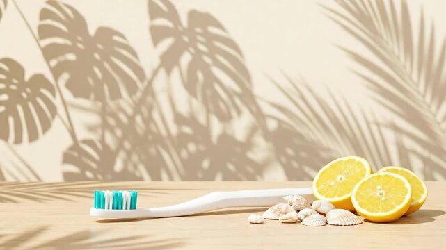 White toothbrush beside fresh lemon halves and seashells on wooden surface. Monstera leaf shadows in sunny tropical setting. Summer dental freshness and oral hygiene concept