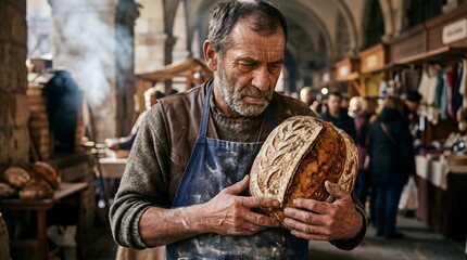 Obraz premium Senior male artisan baker holding fresh sourdough loaf in rustic market representing traditional gastronomy, culinary craft and local commerce.