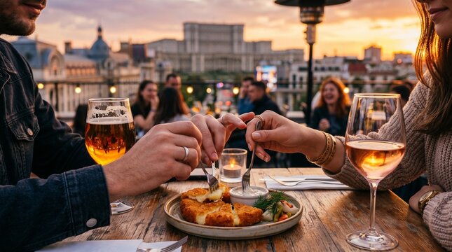Young couple sharing a traditional appetizer during sunset at a romantic Bucharest rooftop bar