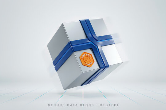 Conceptual 3D illustration of a secure data block wrapped in blue tech bands featuring an orange compliance verified stamp representing regtech and data protection