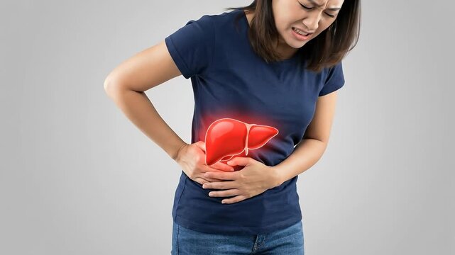 Adult woman suffering from intense liver pain, indicating serious hepatic disease, human body organ discomfort, medical health problem, internal abdominal distress, symptoms awareness