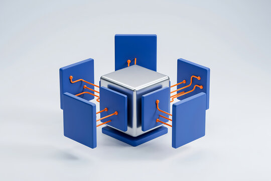 Decentralized cloud database infrastructure and data storage network concept with abstract 3D silver cube surrounded by blue vertical wall panels and glowing orange circuits