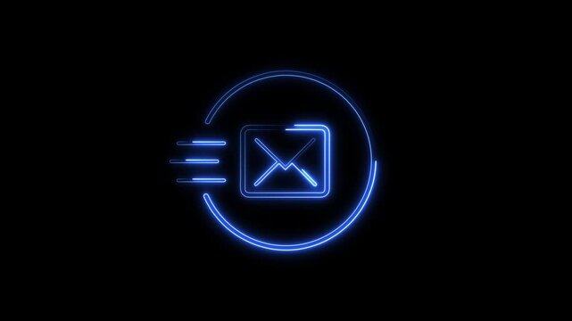 Futuristic blue neon glowing animation of a fast-moving mail envelope symbol with speed lines, perfect for rapid data transmission, instant messaging, electronic post, and cloud communications.