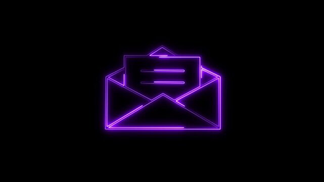Vibrant purple neon open envelope icon loop animation featuring a letter popping out, symbolizing new incoming email notifications, read messages, and newsletter marketing campaigns.