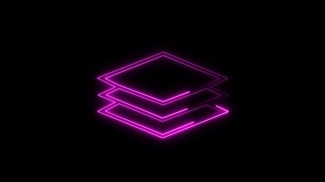 Isometric purple neon glowing multi-layer grid platform icon animation, perfect for data science, cloud storage structure, software development, blocks, and abstract technology concepts.