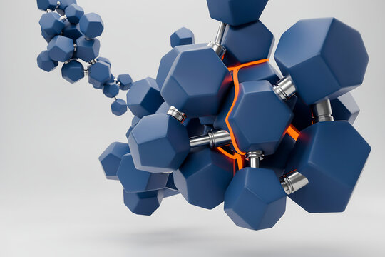 Abstract nanotechnology molecular structure and advanced data science concept with group of interconnected dark blue 3D geometric hexagon particles and glowing orange links