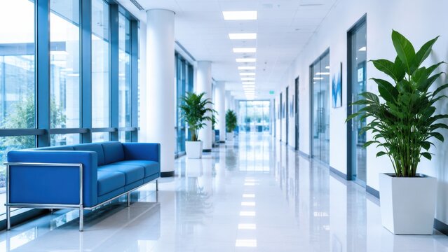 Modern bright office corridor interior with blue sofa white columns and green potted plants.