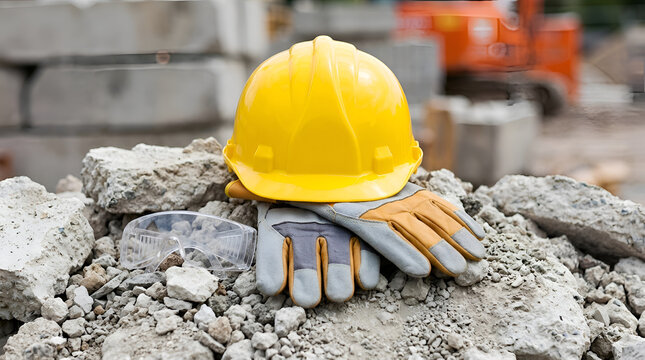 Yellow hard hat and work gloves resting on construction debris, symbolizing safety and labor in the building industry
