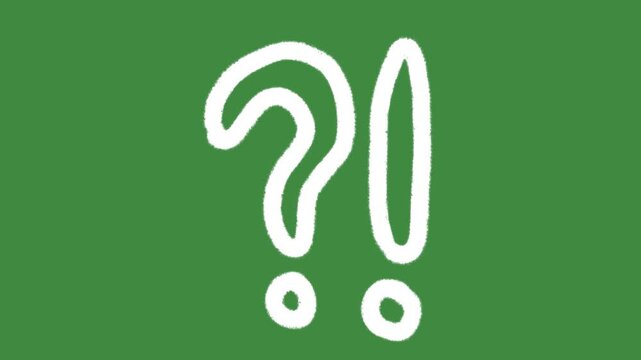 Question mark and exclamation point hand-drawn cartoon graphic with chalk outline surprise FAQ icon isolated on green screen background for school classroom punctuation lesson line art element concept