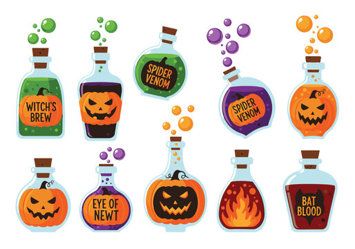 Halloween potion bottles collection with labels vector illustration