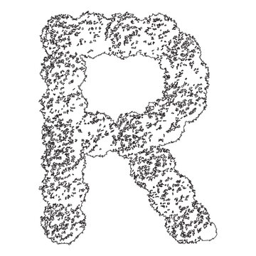 Abstract texture of a letter r made from small scattered elements on transparency grid.