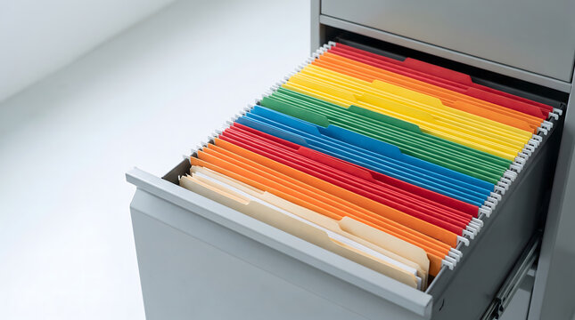 Colorful file folders neatly arranged inside an open metal drawer