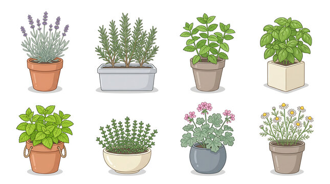 Clean minimalist vector-style illustration of eight fragrant and herb indoor plants arranged in two neat rows of four on white background
