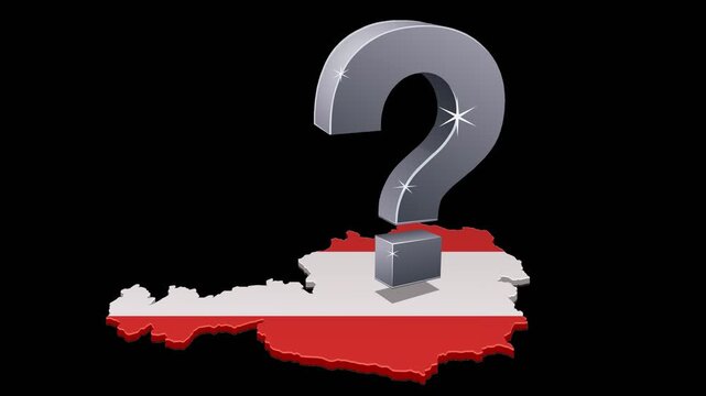 Austrian political crisis, economic uncertainty or national question concept. Animated question mark on Austria map. Chroma key green screen with alpha channel. (loopable)
