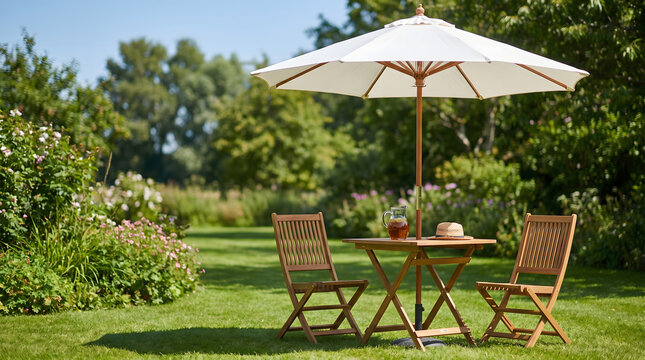Wooden table and chairs with parasol on green lawn in garden courtyard