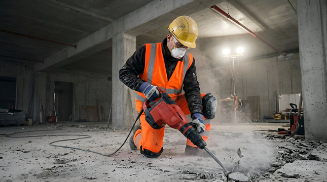 Construction worker in safety gear operates a jackhammer to break concrete on an indoor site, performing demolition work