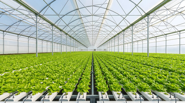 Large greenhouse with hydroponic lettuce cultivation in neat rows under transparent roof structure