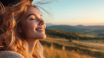 Fototapeta premium Ai Person smiling with eyes closed while enjoying sunset view from a car in nature
