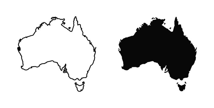Australia Map Outlines: A stark visual representation of the Australian continent, shown in both its negative and positive space form.