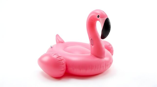 Vibrant pink inflatable flamingo pool float accessory captured in a clean studio product shot on an isolated white background, ideal for summer promotional use.