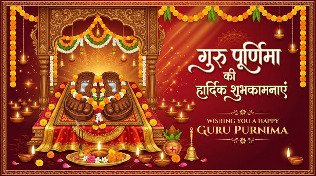 Happy Guru Purnima religious banner design, Guru feet paduka illustration with kalash and diya on red festive background, Indian festival vector.
