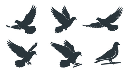 Obraz premium Set of Dove Silhouettes in Flight and Perching