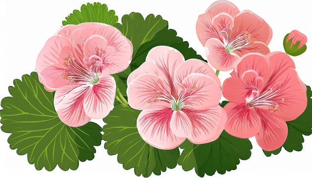 delicate geranium flowers with soft pink petals and green foliage isolated on a white background geranium flowers isolated on white background