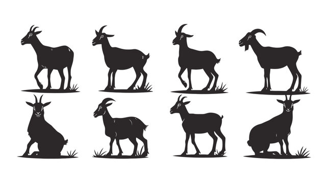 Vintage goat silhouette collection, set of 8 rustic farm animal vectors, black goat icons for organic dairy branding and livestock logos