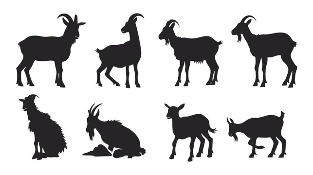 Goat silhouette collection, set of 8 farm animal vector shapes, black livestock icons for farming and agriculture design, horned mountain goat silhouettes