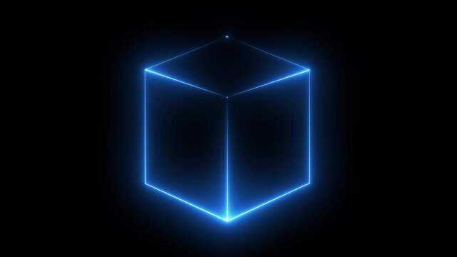 Abstract background, cube box with glowing neon lines on black background. Neon 3d square box stroke icon. Square box with bright.on a black backgraund.