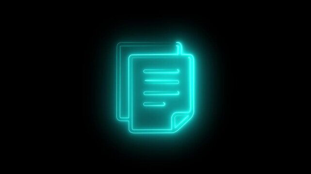Illuminated neon document icon with glowing electric blue outline against black background.4k video animation.