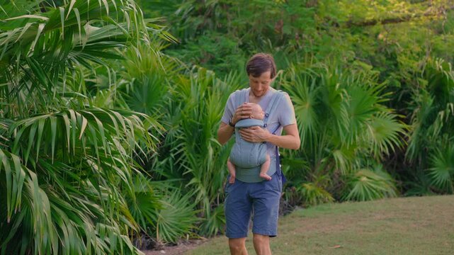 Father carrying three month old baby son through sunny tropical greenery. Slow motion.