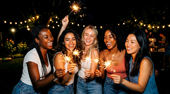 Group of happy young diverse friends holding sparklers and celebrating at night outdoors
