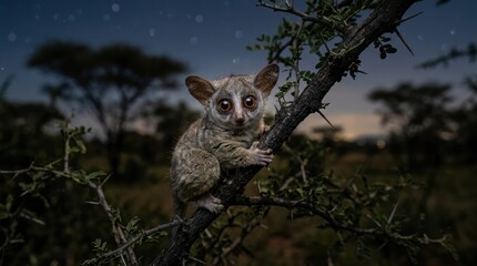 Fototapeta premium Adorable nocturnal lemur perched on thorny tree branch