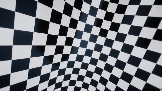 Black and white checkerboard pattern with twist distortion rotating as a seamless loop animation, abstract warped grid background for broadcast, music video and creative content 16:9