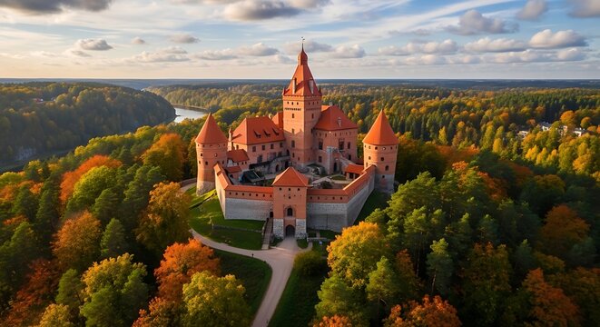 Historic castle fortress amidst autumn forest landscape aerial view