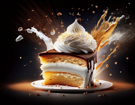 a scrumptious gourmet cake slice explodes with thick whipped cream bursting outward in a dense and dynamic splash against a dark backdrop sweet product dessert