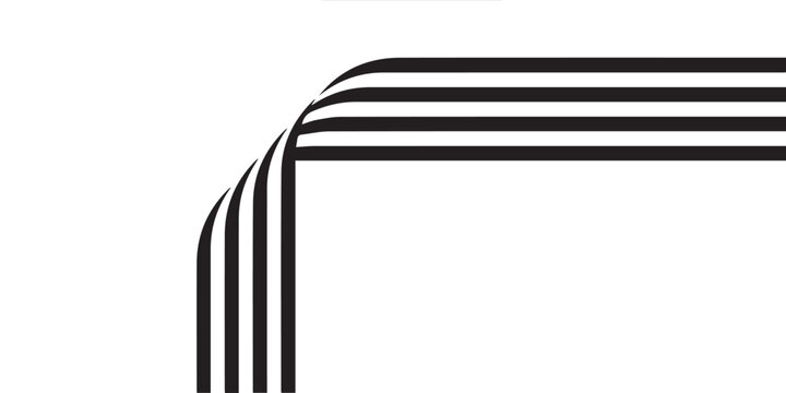 Abstract corner design with black parallel stripes on a white background.