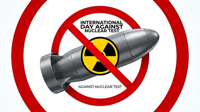 Antinuclear protest symbol with missile and radiation icon for international day against nuclear test campaign