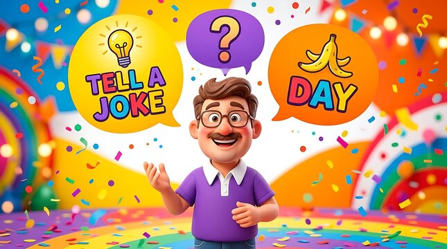 Happy cartoon man celebrating tell a joke day with colorful speech bubbles and confetti around him
