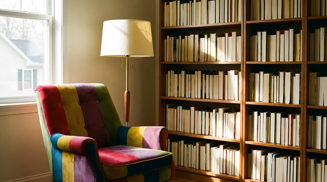 Colorful patchwork armchair beside wooden bookshelf and floor lamp in sunlit reading corner