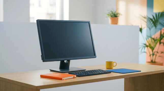 Wooden office desk with computer monitor keyboard notebook and coffee cup in modern workspace