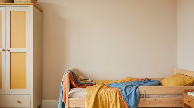 Wooden single bed with yellow and blue blanket beside a wardrobe in a cozy bedroom