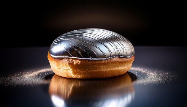 a gourmet pastry with a highly reflective silver glaze sits on a dark surface illuminated by sleek chrome lighting effects and highlights tasty macro glaze