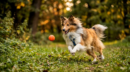 Obraz premium Happy shetland sheepdog running to catch an orange ball in a sunny green park during autumn