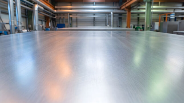 Close-up of metallic sheet in industrial factory workshop with reflective surface and structural background
