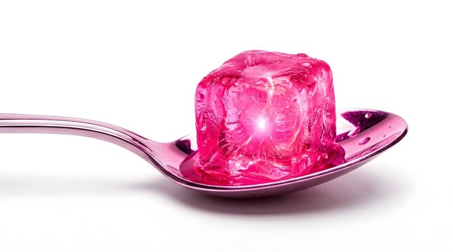 Vivid translucent pink jelly cube shines atop metallic spoon, isolated studio photography captures vibrant essence, perfect promotional imagery.