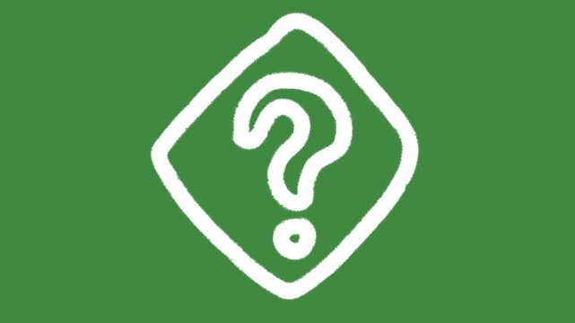 Question mark help desk rhombus hand-drawn cartoon graphic with chalk outline FAQ problem solving icon isolated on green screen background for school classroom quiz line art element concept.