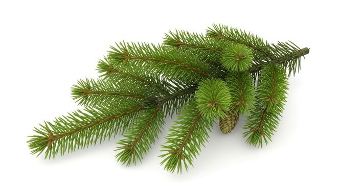 A branch of a fir tree rests on a white surface. The branch displays vibrant green needles and several brown pine cones.